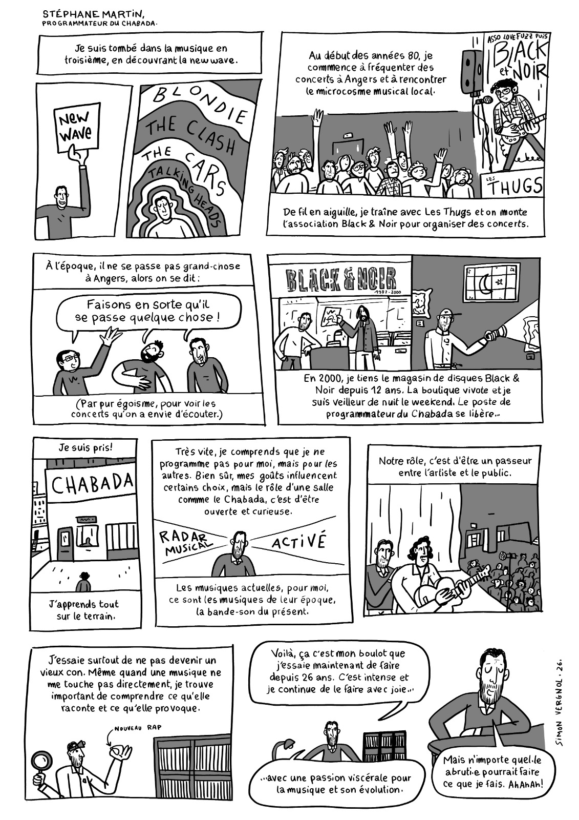 Planche de BD sur Stéphane martin, programmateur du Chabada 